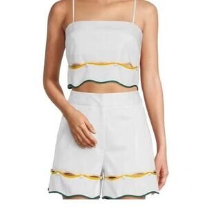 Antonio Melani x The Nat Note Zoe Scalloped Sateen Top White Green Crop Size 6